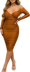 Women's Deep V Neck Off Shoulder Ruched Bodycon Midi Dress - Sexy Club