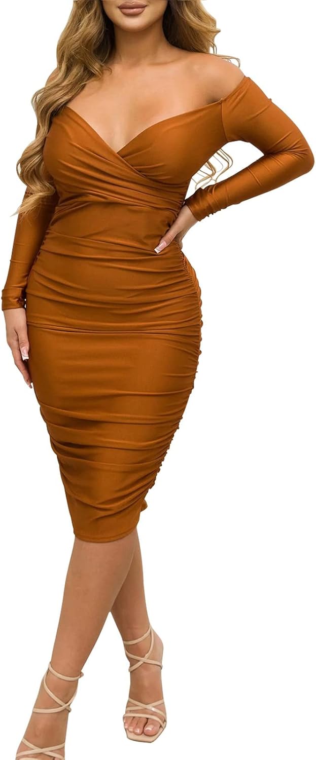 Women's Sexy Deep V Neck Off Shoulder Ruched Bodycon Midi Dress