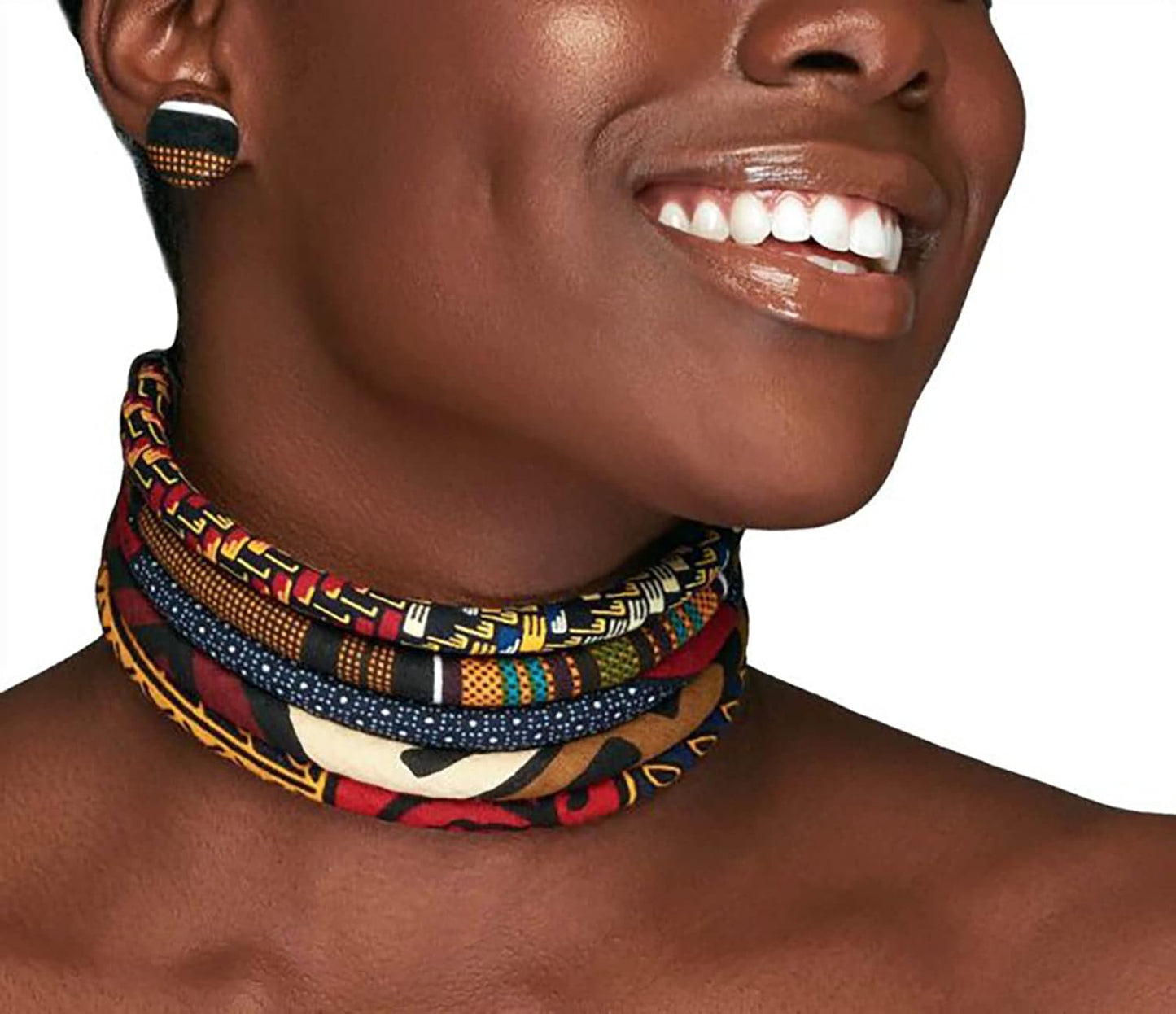 African Cloth Choker - Multi-Color Kente Print 5 Strand Design