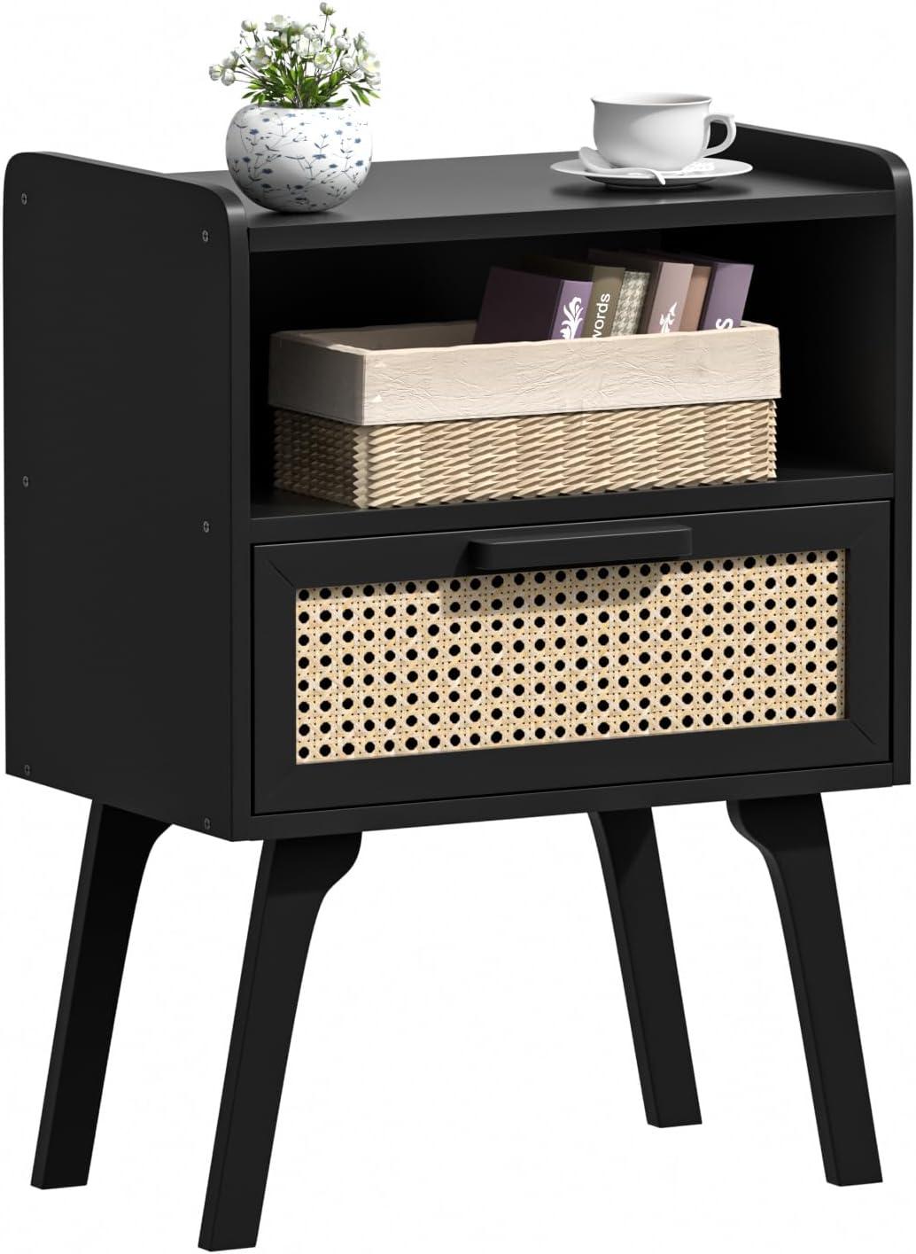 Rattan Nightstand with Drawer and Open Shelf for Small Spaces