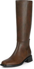 Knee High Boots Women Faux Leather Elastic Boots Low Heel Square Toe 1