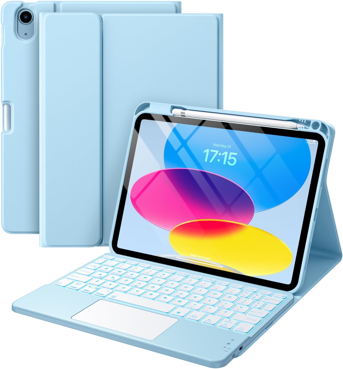 Sky Blue iPad 11th/10th Gen Keyboard Case, Backlit, Trackpad, Detachable