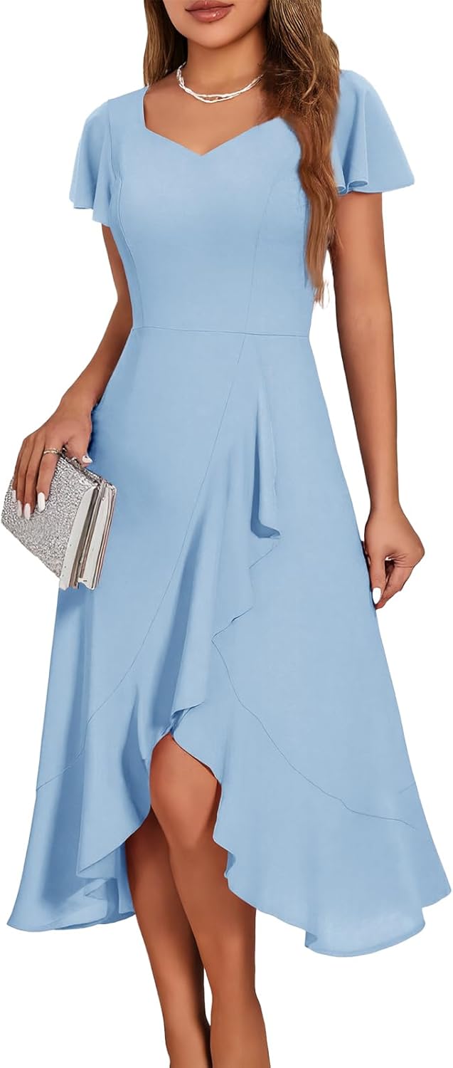 Elegant V Neck Formal Wedding Guest Dress with Ruffle Sleeves