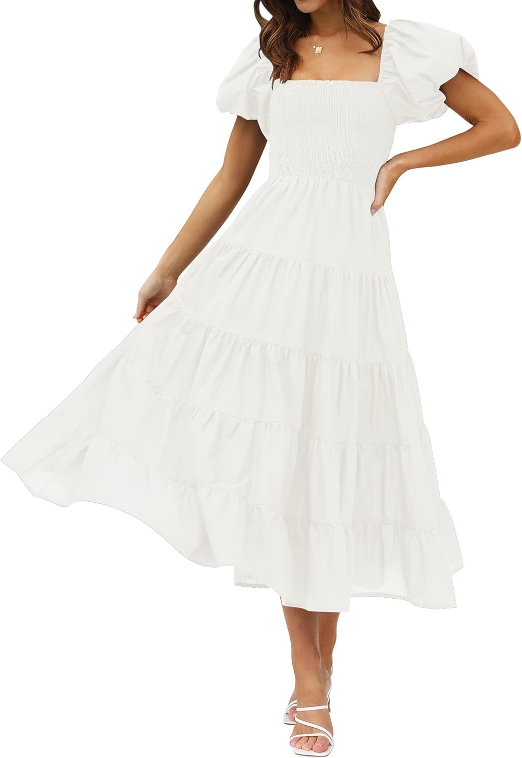 ZESICA Women's Summer Square Neck Puff Sleeve Midi Dress