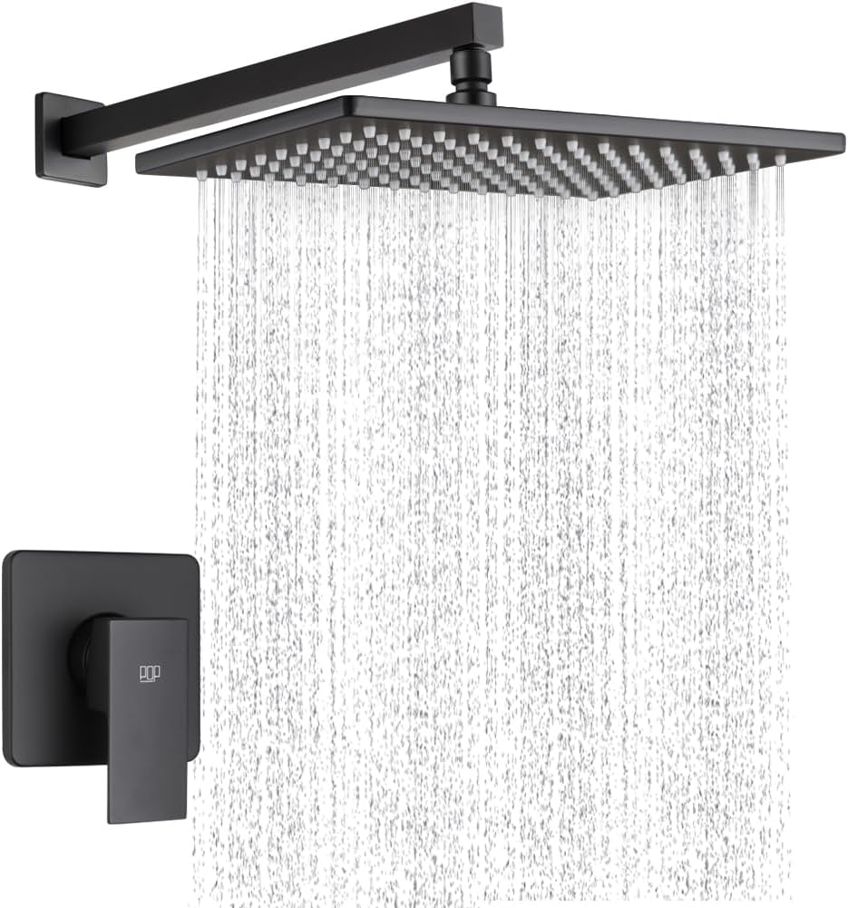 Black Shower Faucet Set with 12 Inch Rainfall Shower Head