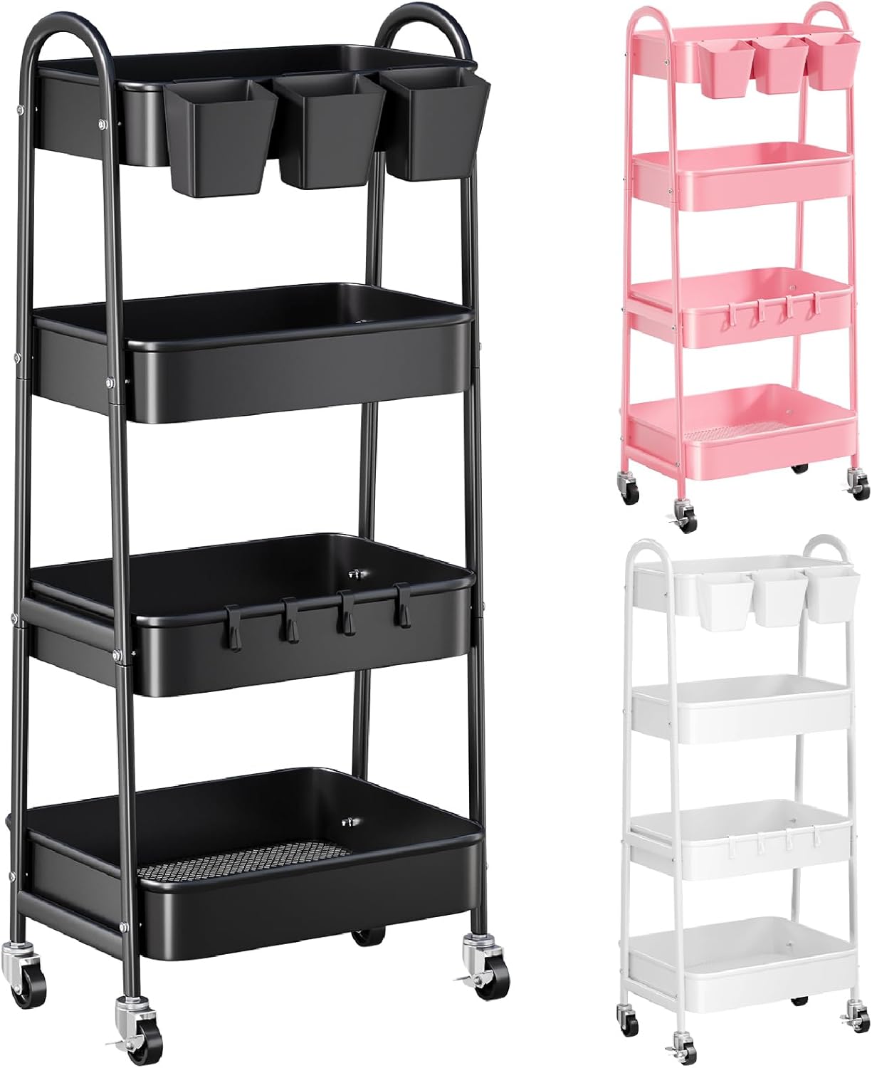 4 Tier Black Metal Rolling Cart for Multi-Functional Storage