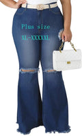 HannahZone Womens Ripped Bell Bottom Plus Size Jeans Elastic Waist