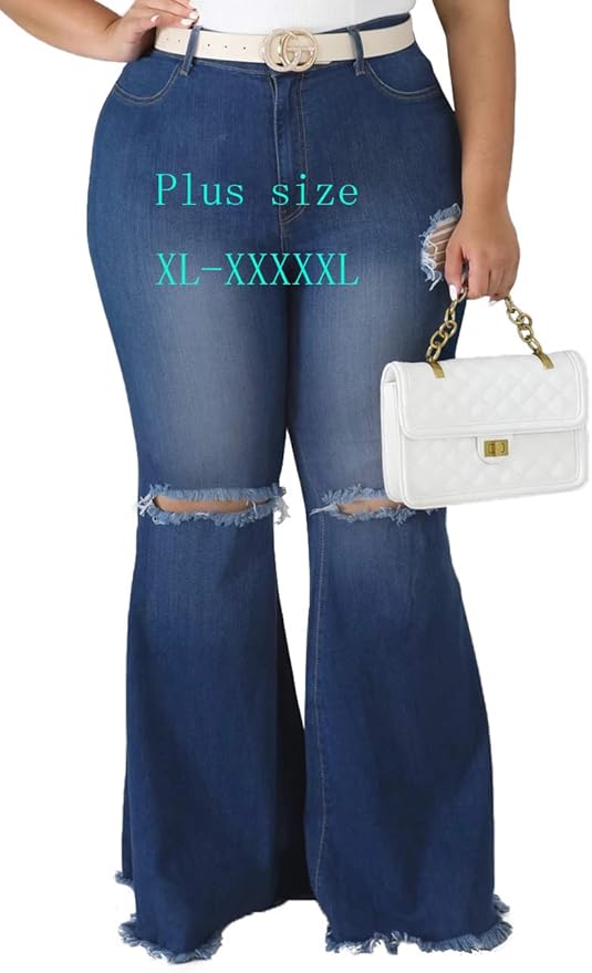HannahZone Womens Ripped Bell Bottom Plus Size Jeans for Comfort
