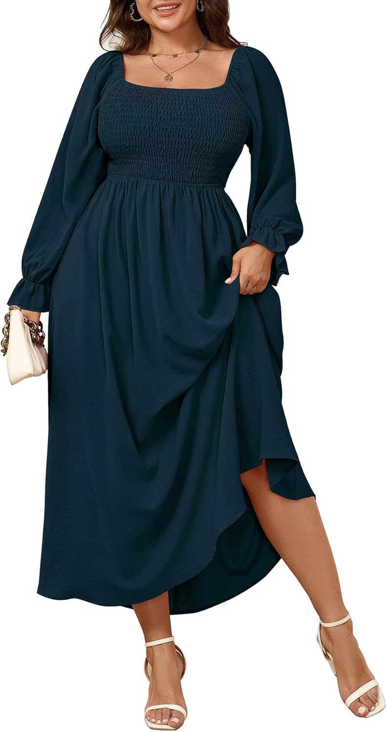 Plus Size Maxi Dress Long Sleeve Square Neck Smocked Flowy