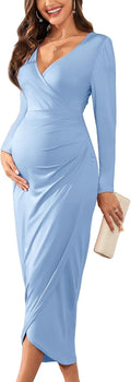 Womens Maternity Wrap Dress V Neck Ruffle Sleeves - Semi Formal Fit