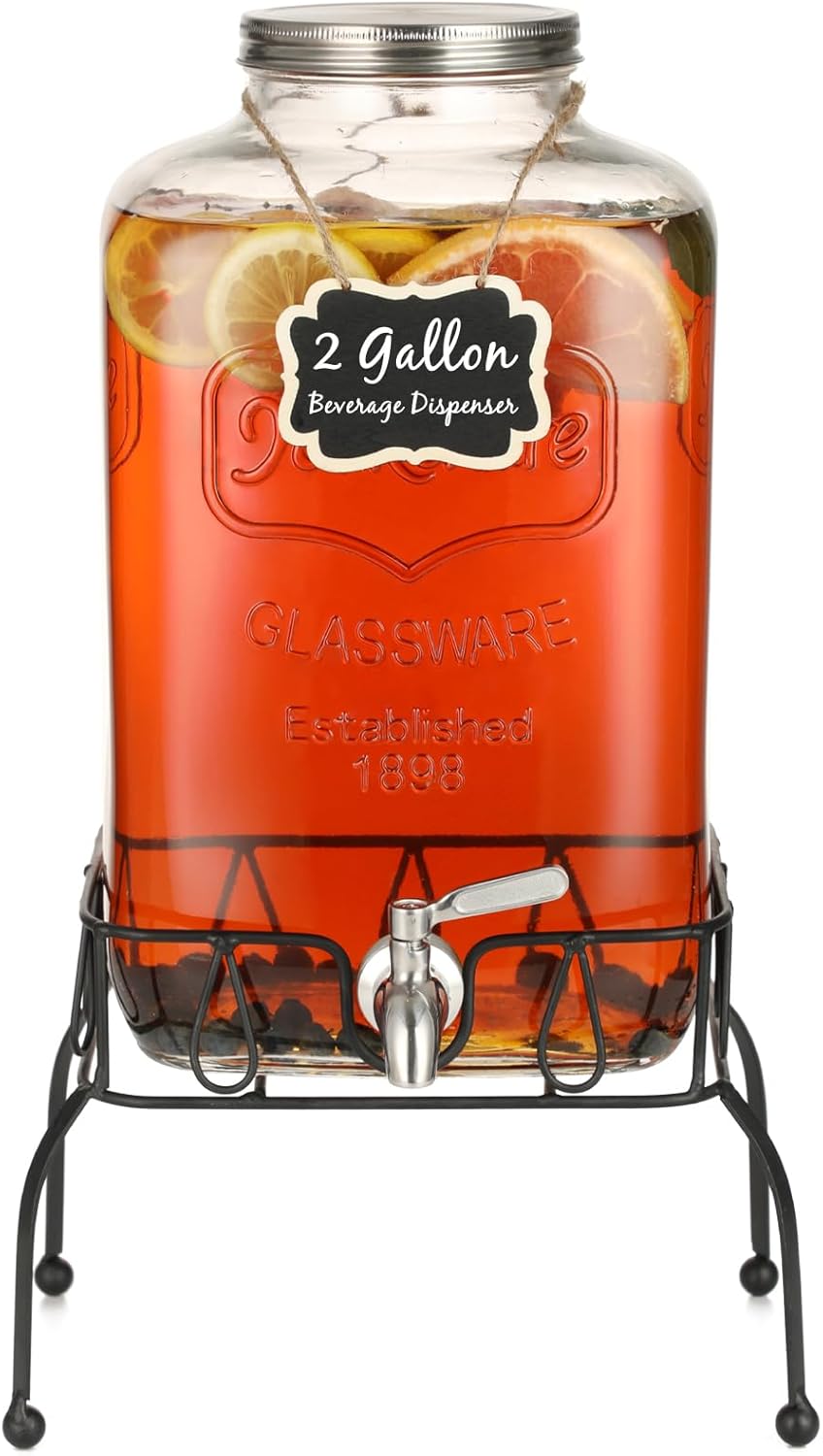 2 Gallon Glass Beverage Dispenser with Stand for Parties