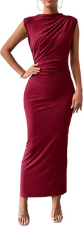 Women's Ruched Bodycon Maxi Dress - Sleeveless High Neck Elegant