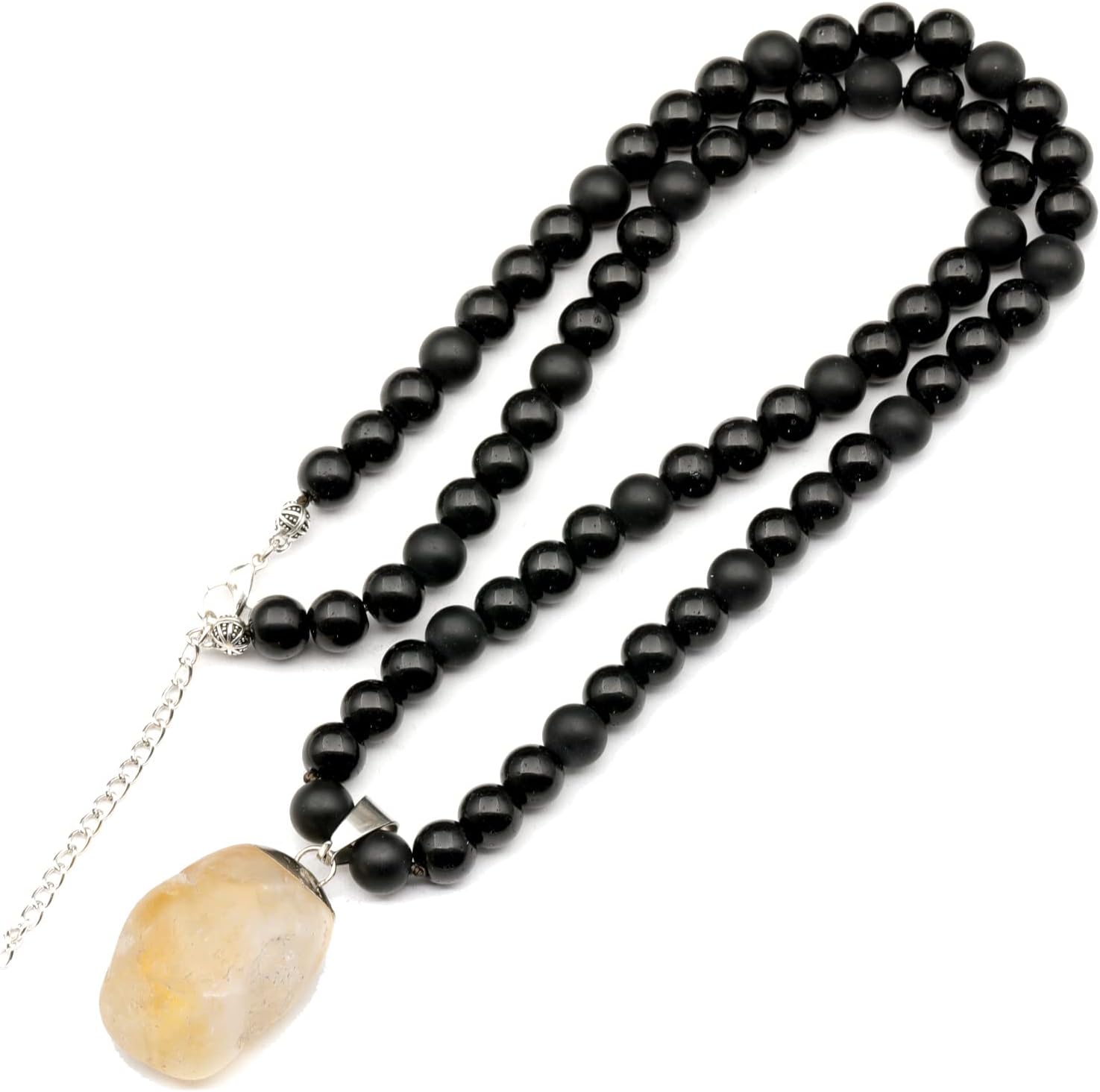 Natural Raw Tourmaline Pendant and Black Onyx Beaded Necklace