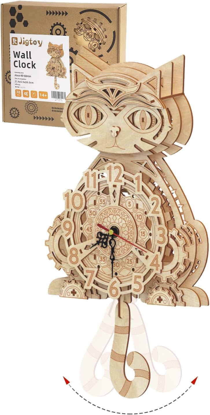 Wooden 3D Puzzles for Adults by Jigtoy - Cat Clock Decor