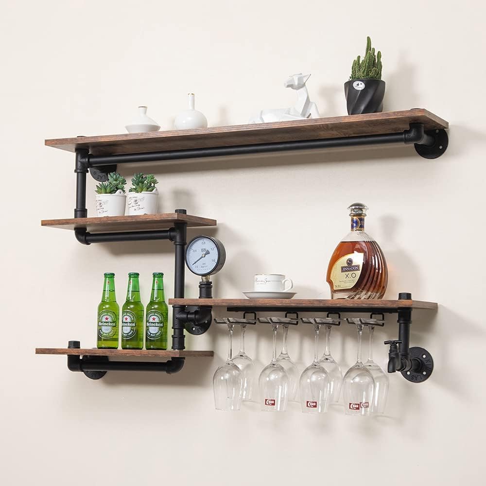 Industrial Pipe Shelves Wine Rack with 4 Stem Glass Holder