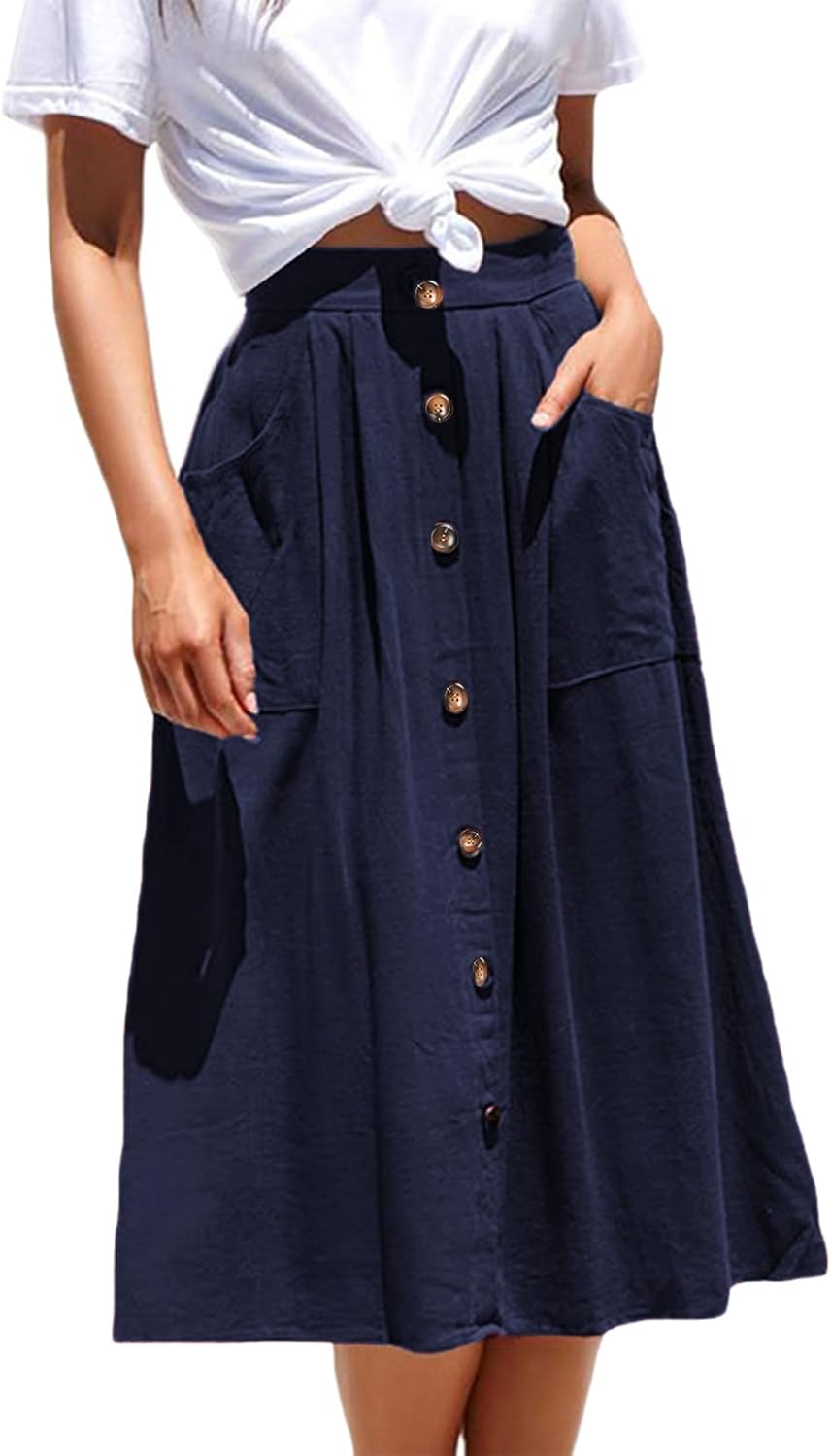 Naggoo Womens Summer Skirts Casual A-Line Midi Skirt with Pockets