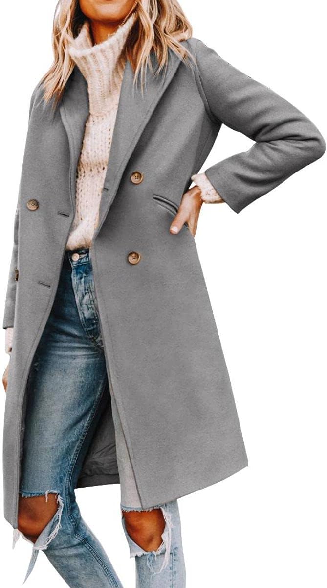 Yousify Womens Notched Lapel Collar Double Breasted Pea Coat