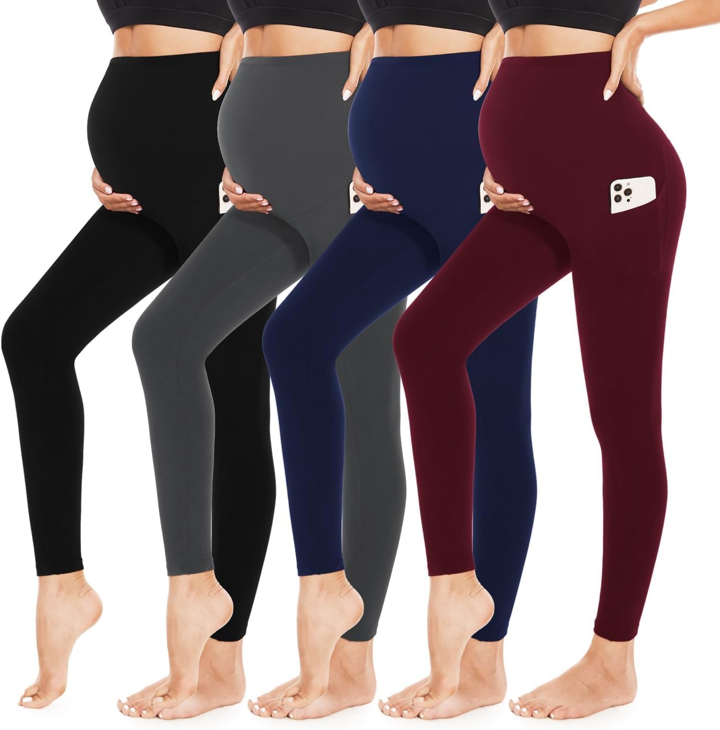 4 Pack Womens Maternity Leggings with Pockets for Comfort