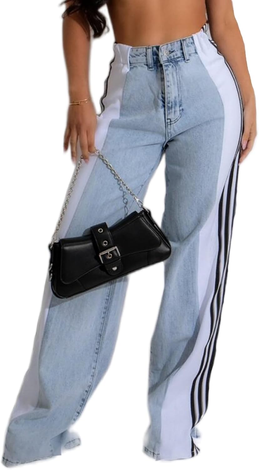 Trendy High Waisted Stretchy Denim Wide Leg Jeans for Women