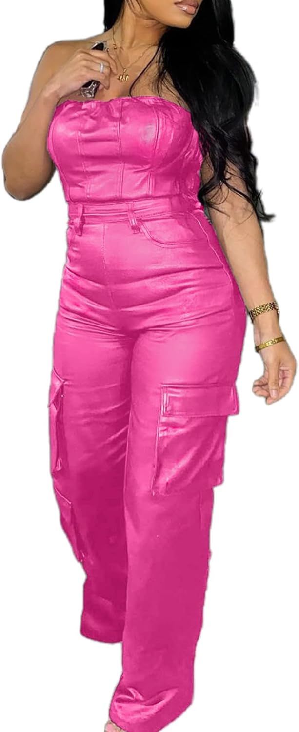 Womens PU Leather Jumpsuit Sexy Off the Shoulder Bodysuit