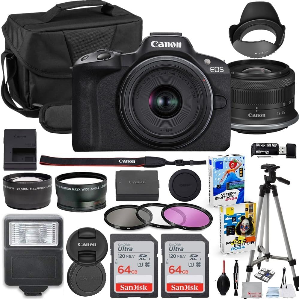 Canon EOS R50 Mirrorless Camera Bundle with 18-45mm Lens & More