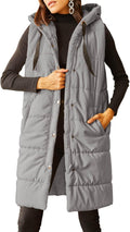 Long Quilted Puffer Vest Sleeveless Hooded Button Down - Warm Layering