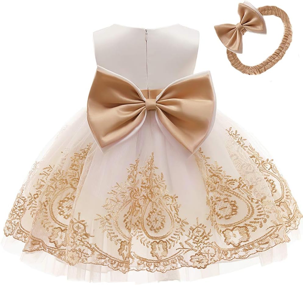 Toddler Baby Girls Pageant Lace Embroidery Dresses with Headwear