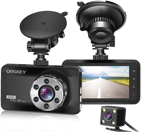 ORSKEY Dual Dash Cam: Front & Rear 1080P Full HD with Night Vision