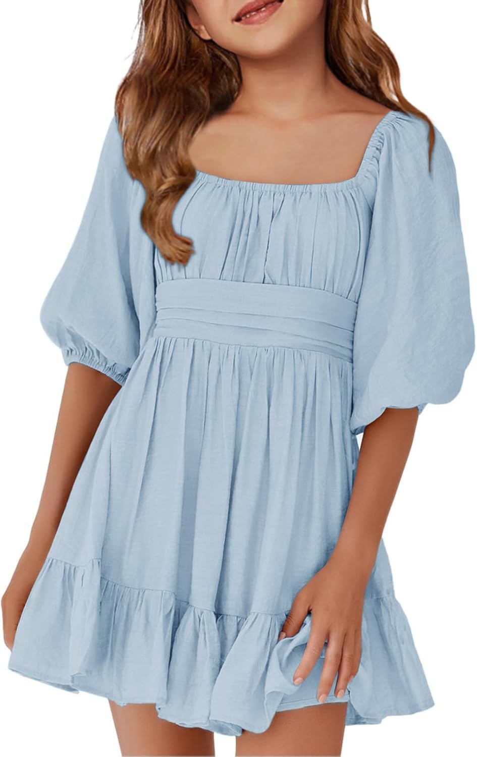 Girls Summer Dresses Square Neck Lantern Sleeve Tie Backless Style