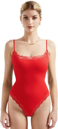 Women Square Neck Lace Bodysuit Sleeveless - Soft Double Lined