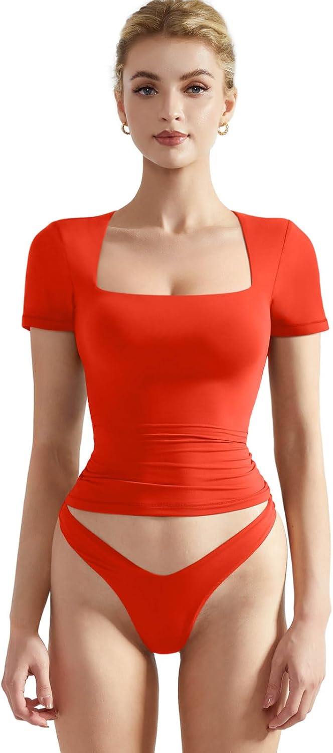 SUUKSESS Women Double Lined Fitted Basic Tee Square Neck Top