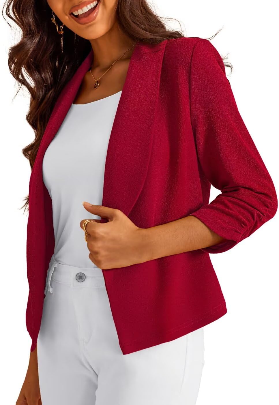 Women's 3/4 Sleeve Cropped Blazer Lightweight Open Front Jacket