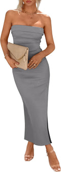 PRETTYGARDEN Ribbed Strapless Maxi Bodycon Dress - Elegant Summer