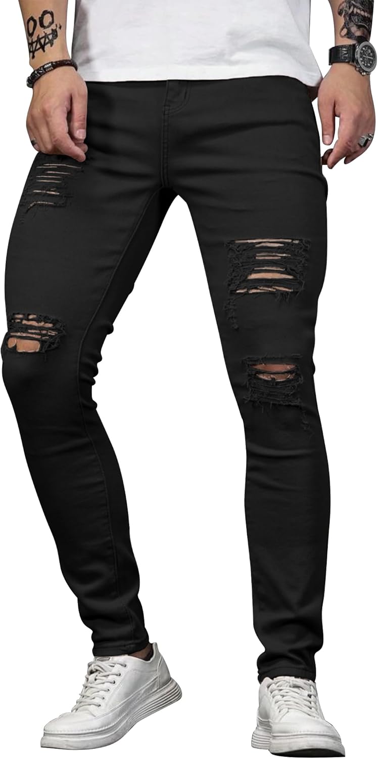 HUNGSON Men's Blue Slim Fit Jeans with Ripped Design and Stripes