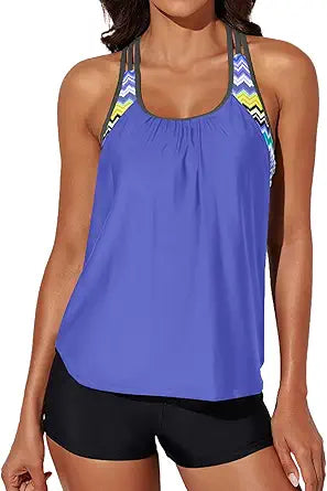 Aleumdr Womens Blouson Striped Printed Push Up Tankini Set