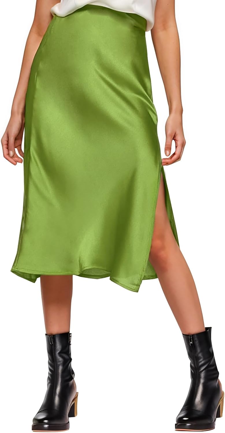 Womens Satin Silk High Waist Slit Midi Skirt for Every Occasion