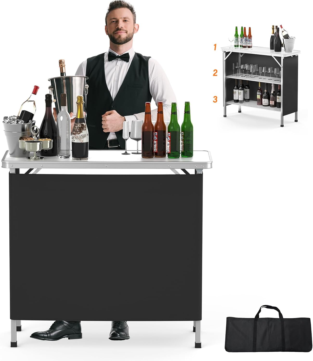 VINGLI Portable Bar Table with 3-Tier Shelves for Events