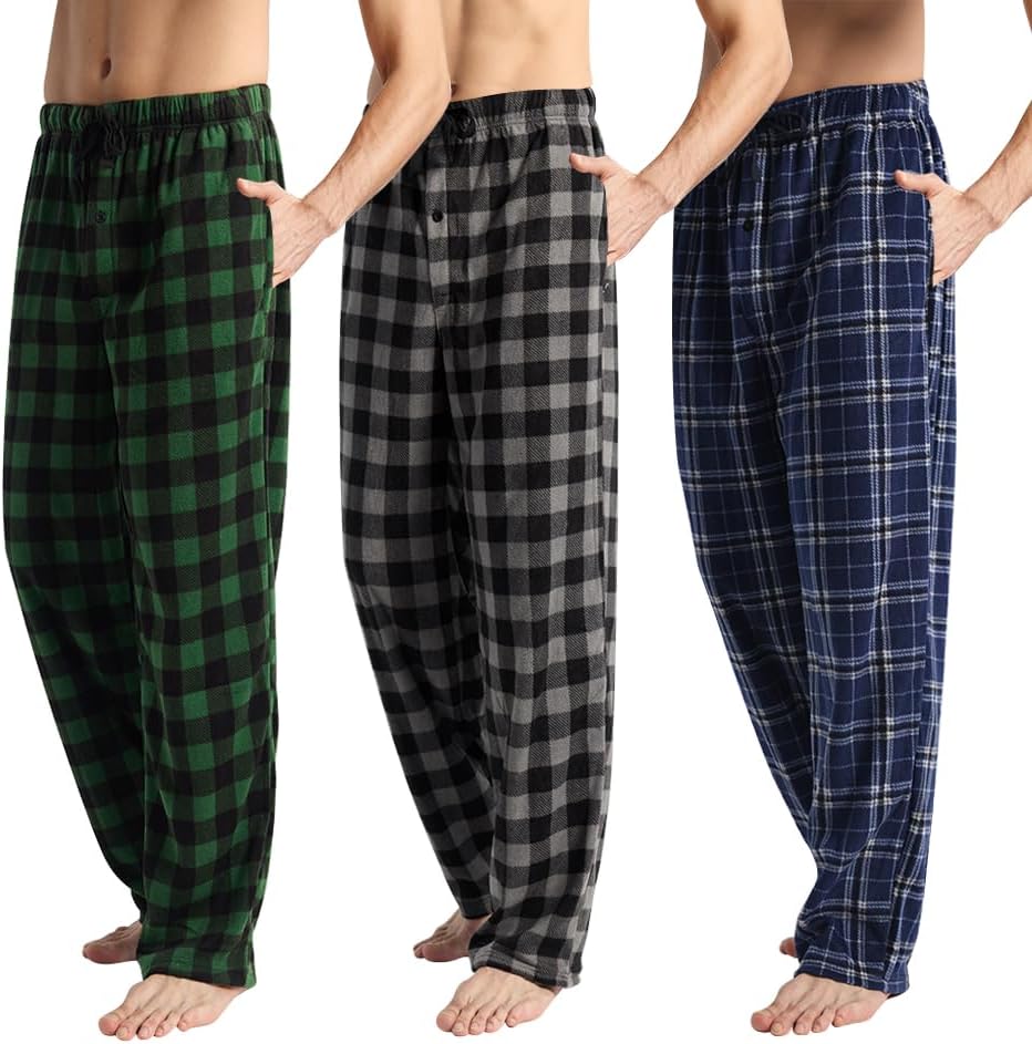 Men's Fleece Pajama Pants with Pockets and Button Fly for Comfort