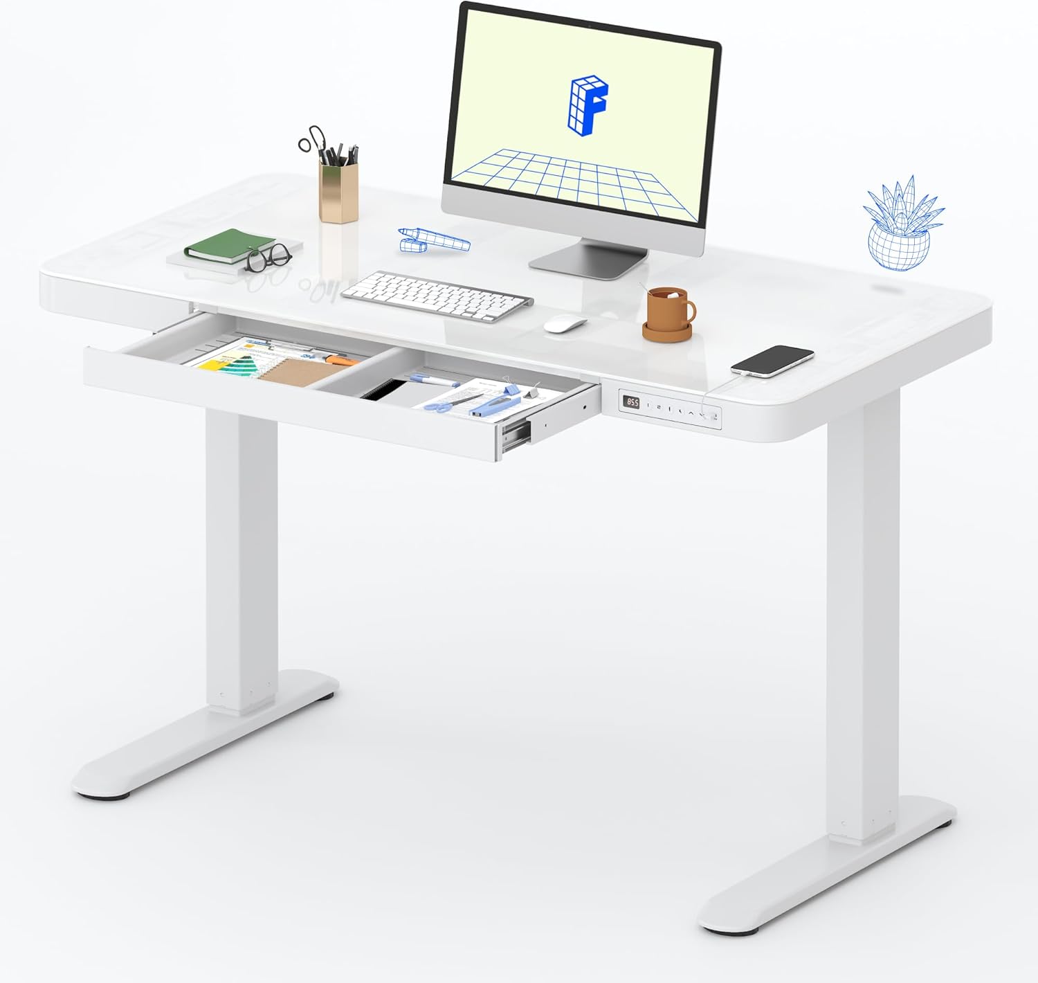 FLEXISPOT Electric Glass Standing Desk with USB Charge Ports