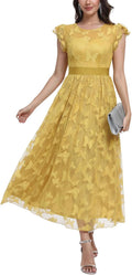 Women's Tulle Midi Lace Dress with Ruffle Sleeves - Navy