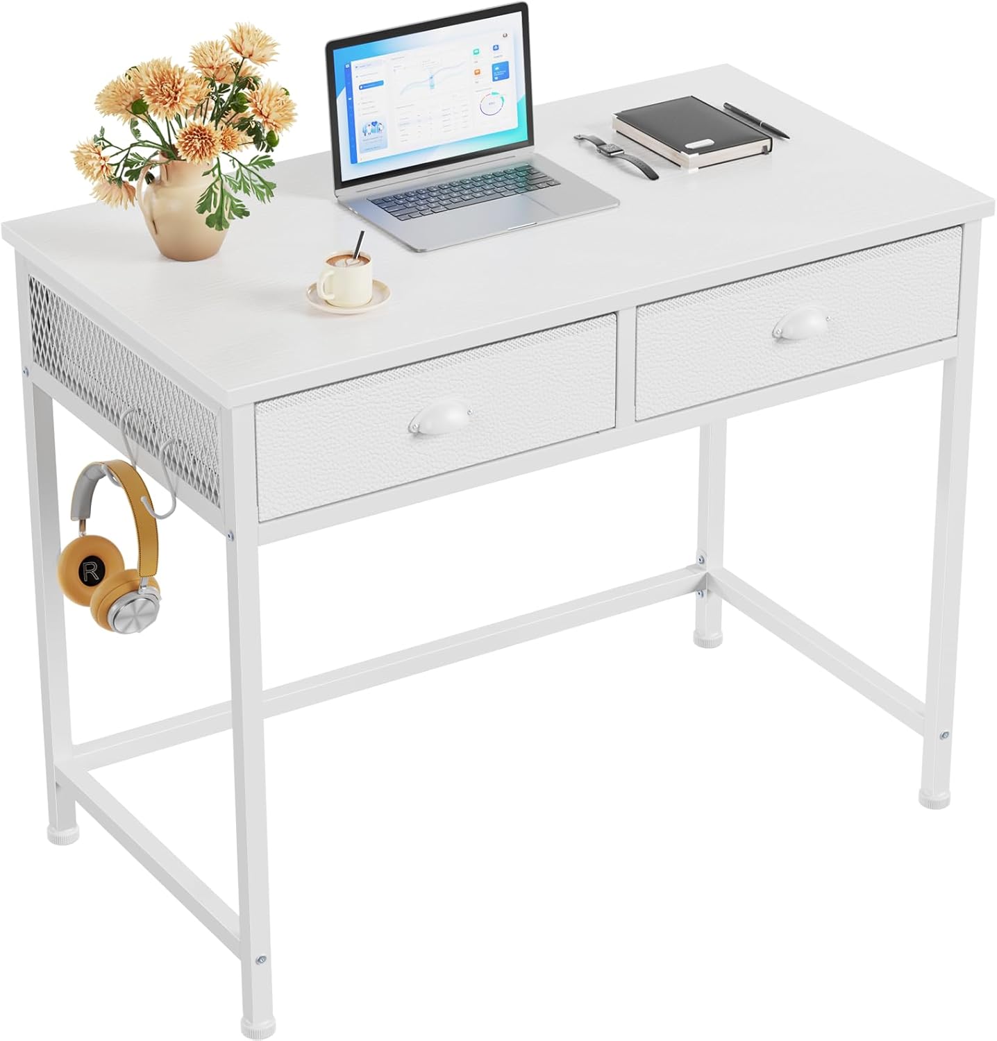 Furologee White Small Computer Desk with 2 Fabric Drawers