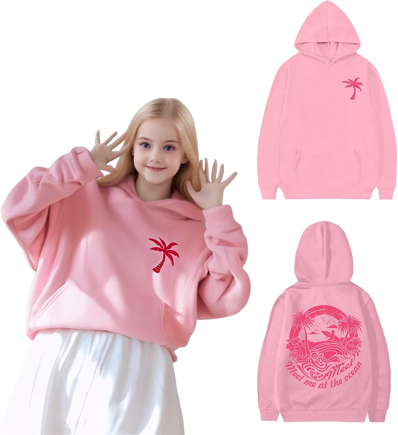 Ocean Graphic Pink Hoodie for Kids - Y2K Chic with Pockets