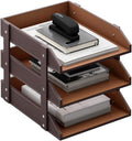 Leather Desk Organizer 3-Tier Stackable Letter Tray Holder - Brown