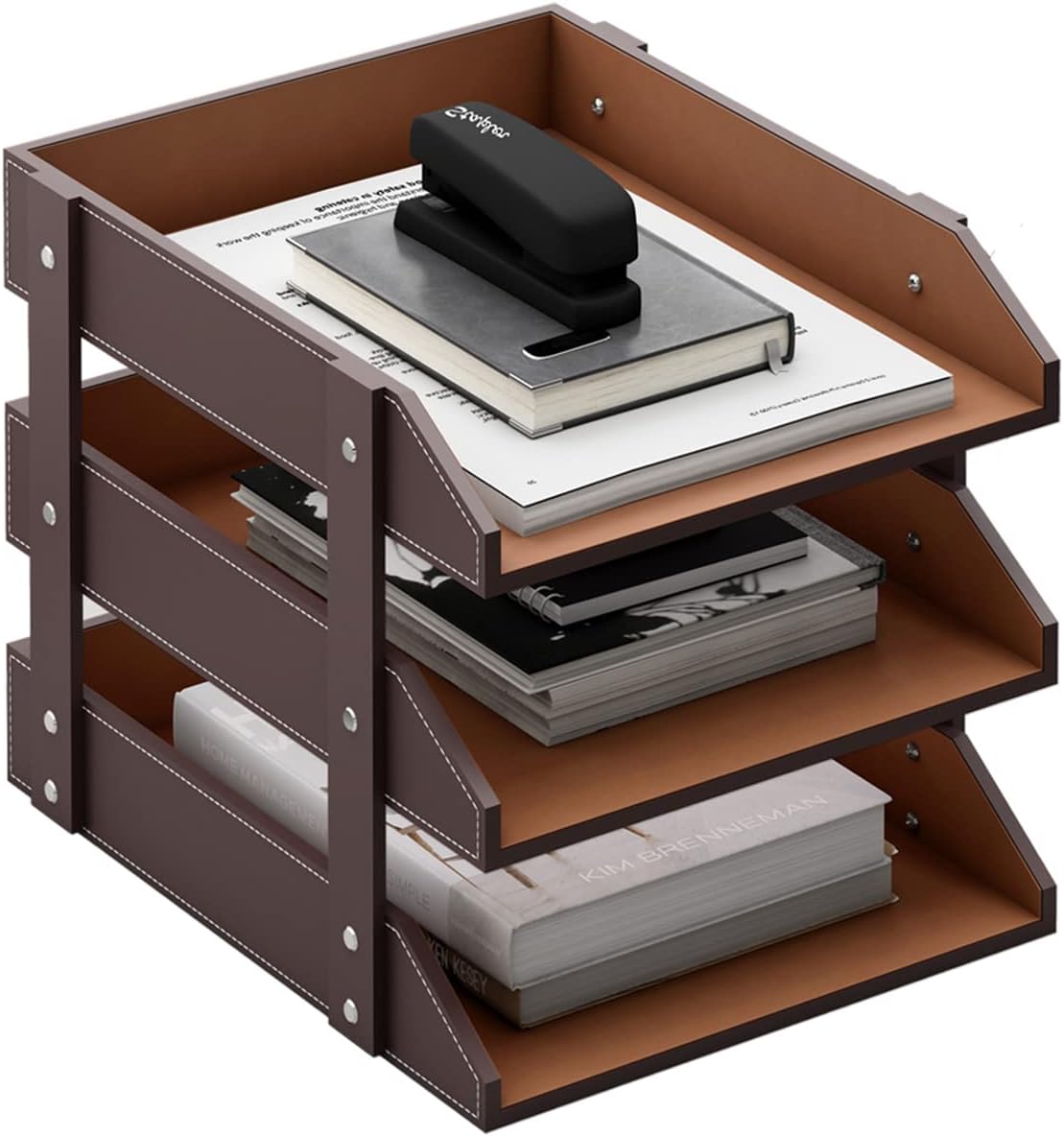 Leather Desk Organizer for Office Supplies - 3-Tier Holder