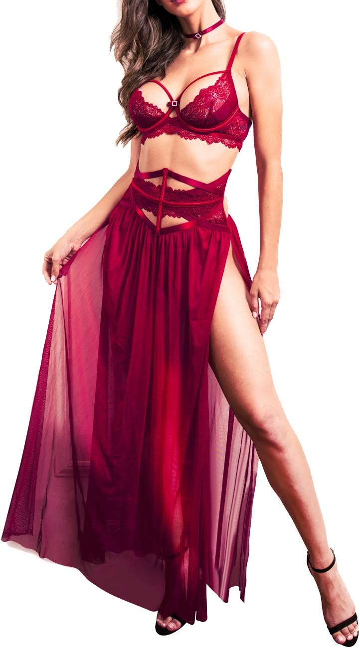 Women Lace Lingerie Set with Sheer Mesh Nightgown and G-String