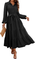 dowerme Women's Long Sleeve Button Down Belted A-Line Maxi Dress 4-6