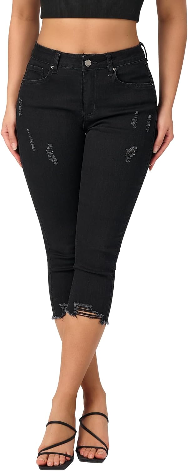 Roswear Women's Capri Pants Mid Rise Skinny Ripped Distressed Jeans