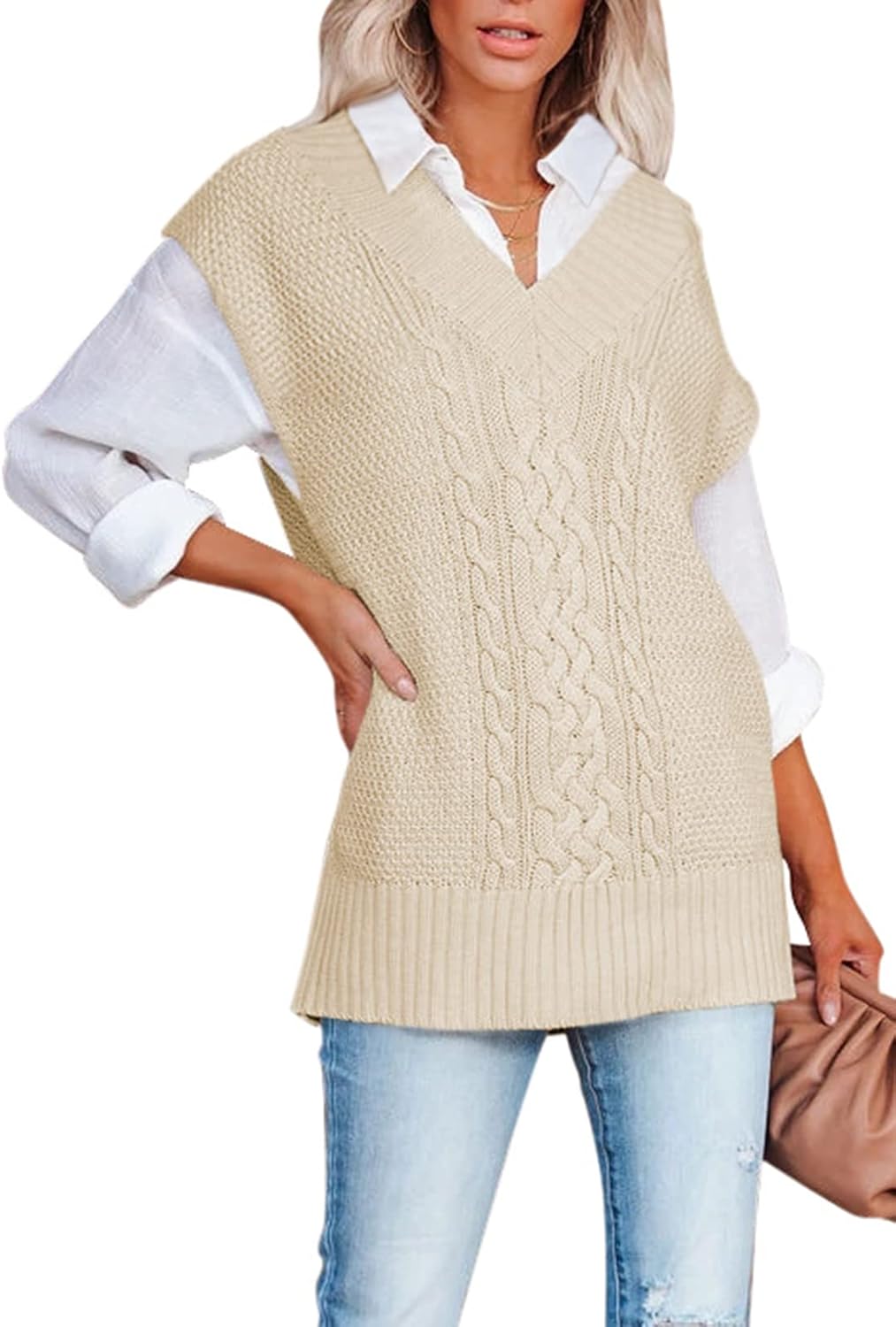 Viottiset Women's Oversized V Neck Knit Sweater Vest Tunic