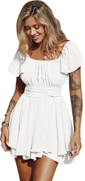 EXLURA Women's Ruffle Tie Back Romper Dress Square Neck - Flattering