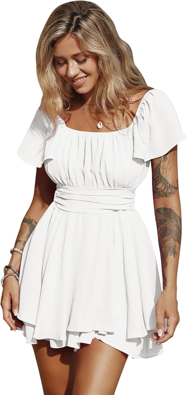 EXLURA Women's Summer Ruffle Short Sleeve Tie Back Romper Dress